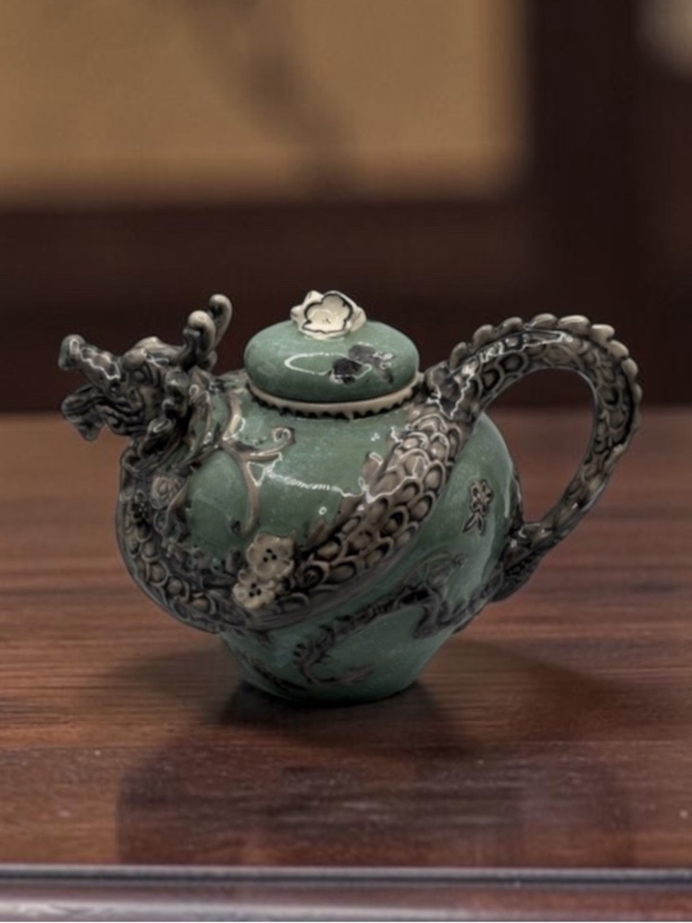 2012 New Blue Sky Ceramic Dragon Teapot, Heather Goldminc Green Grey 7”X9”X5”